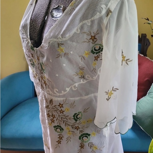 Vintage, 1960s, Junket Gown. Sheer floral embroidery, butterfly sleeves. US14. - Picture 3 of 7